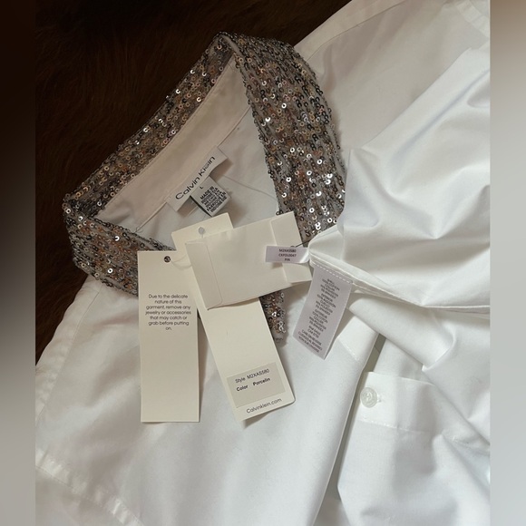 Calvin Klein White button down Blouse, sequin’s collar Boyfriend Tunic women L - Picture 6 of 14